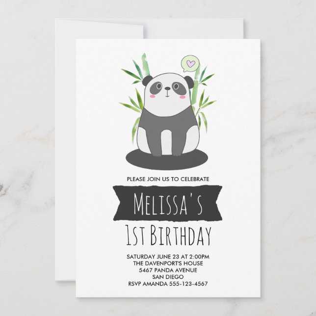 Invitation Panda noir et blanc mignon en Bambou Anniversaire (Devant)