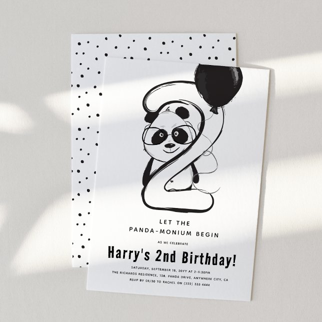 Invitation Panda noir et blanc minimum 2e fête d'anniversaire (Créateur téléchargé)