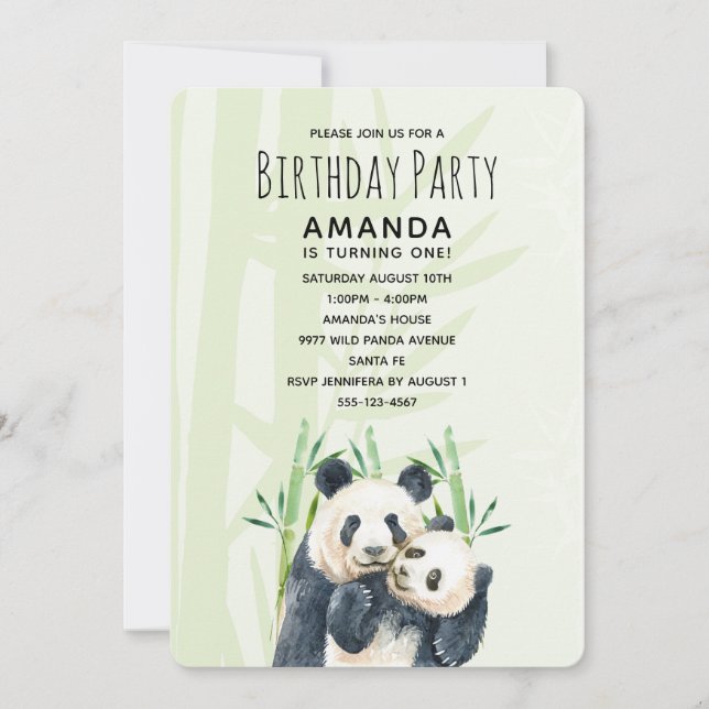 Invitation Panda Pair mignonne en Aquarelle Bambou Anniversai (Devant)