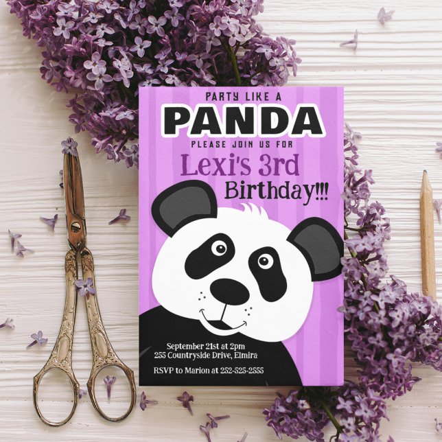 Invitation Panda Purple Girl Party Comme un Ours Panda Annive (Créateur téléchargé)