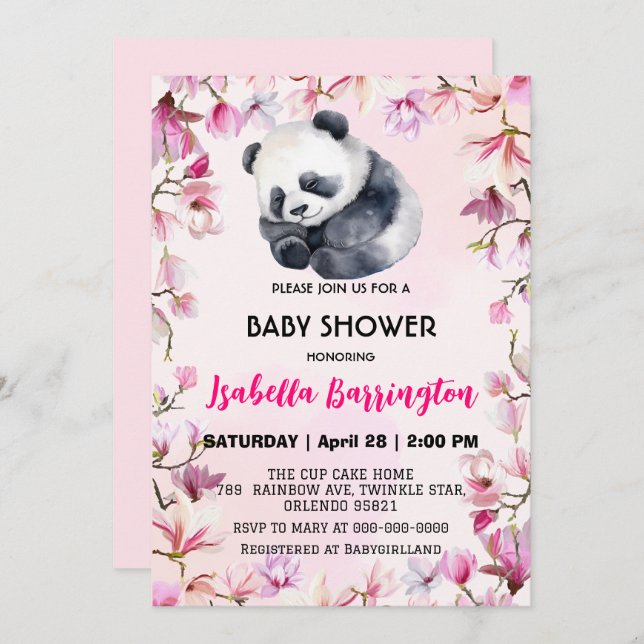 Invitation Panda rose mignonne bébé fleurs baby shower enfant (Devant / Derrière)