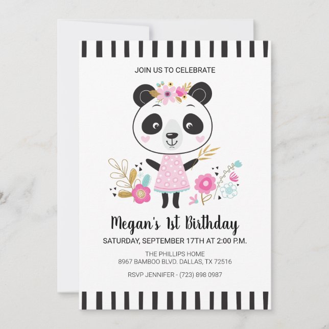 Invitation Panda Rose mignonne Filles 1er anniversaire (Devant)