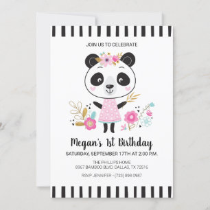 Invitation Panda Rose mignonne Filles 1er anniversaire