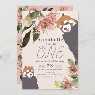 Invitation Panda Rouge rose Fille Florale 1er anniversaire