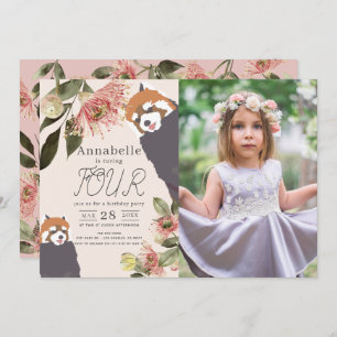 Invitation Panda Rouge rose Fille Florale Photo Anniversaire
