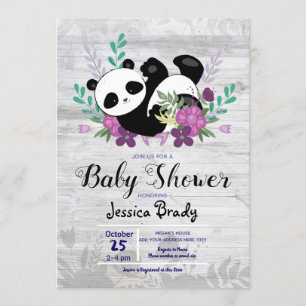 Invitation Panda rustique en bois avec Baby shower de fleurs 