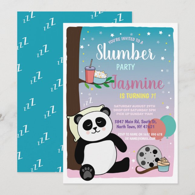 Invitation Panda Swood Party Anniversaire Cute Movies Popcorn (Devant / Derrière)