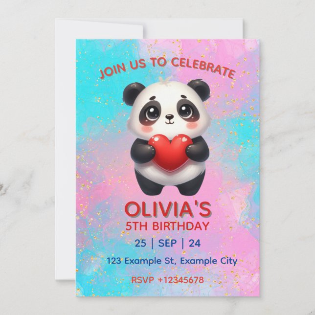 Invitation Panda tenant un cœur (Devant)