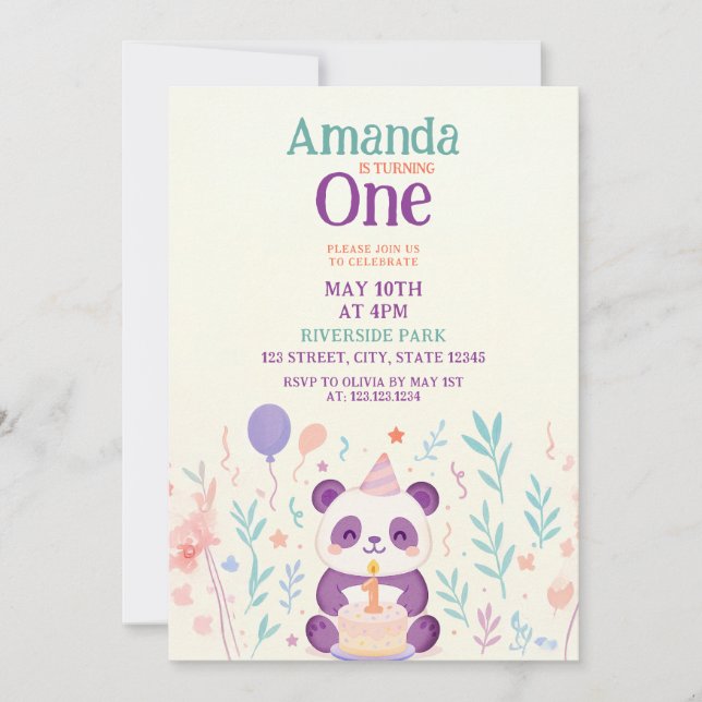 Invitation Panda violet avec jardin fleuri Scène 1er annivers (Devant)