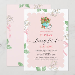 Invitation Panier aquarelle feuilles de fraises 1er anniversa