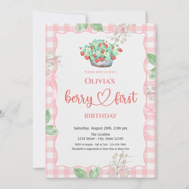 Invitation Panier aquarelle fraises été 1er anniversaire (Devant)