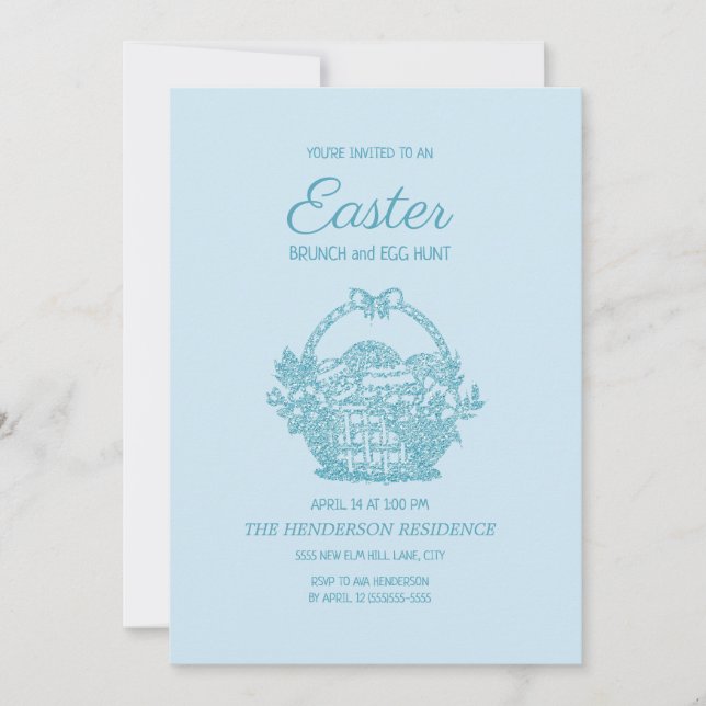 Invitation Panier bébé bleu pour brunch de Pâques et chasse a (Devant)