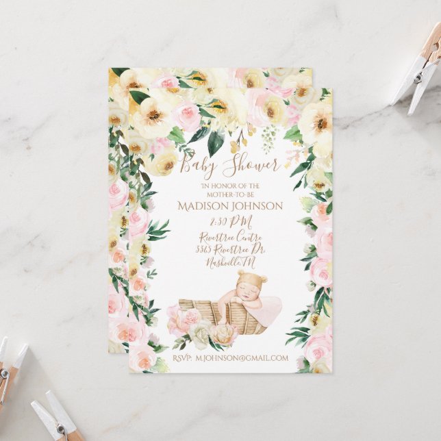 Invitation Panier bébé mignonne Baby shower floral (Devant/Arrière en situation)