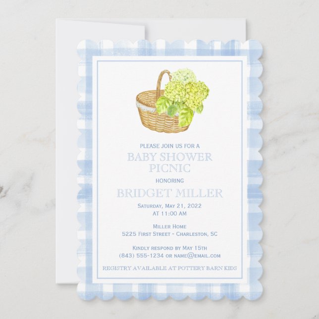 Invitation Panier de fleurs d'hortensia à gingham bleu feston (Devant)