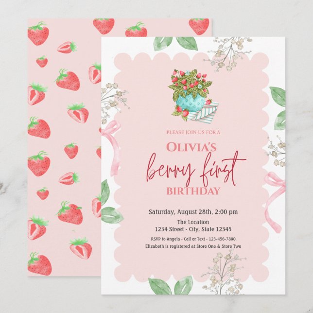Invitation Panier de fraises à l'aquarelle  1er anniversaire (Devant / Derrière)
