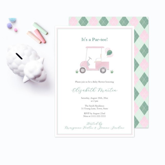 Invitation Panier de golf rose et vert classe Baby Girl Douch (It's a baby shower par-tee! Pink and Green golf cart baby shower invitation to welcome a little girl)