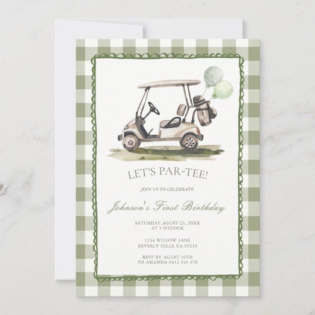 Invitation Panier de golf vert sauge anniversaire gingham (Devant)