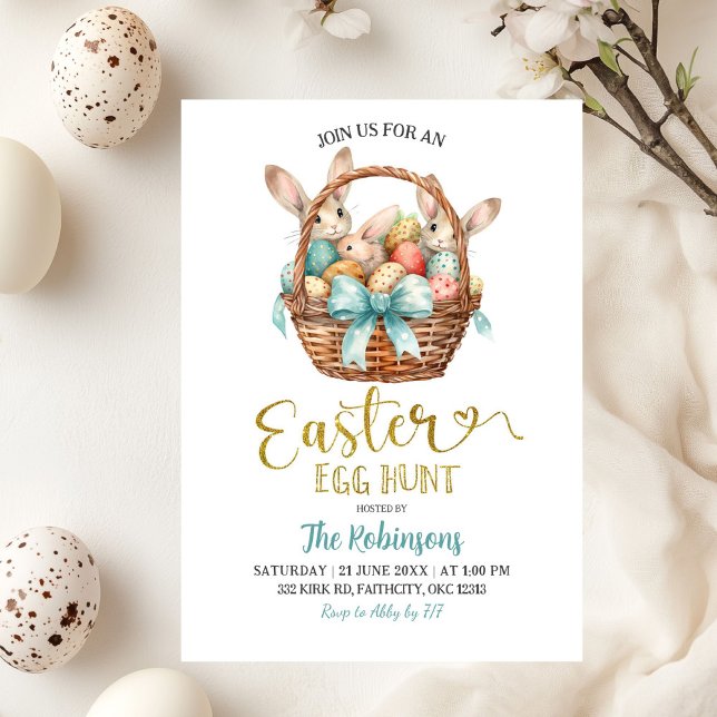Invitation Panier de lapin à arc pastel bleu Fête de chasse a (Créateur téléchargé)