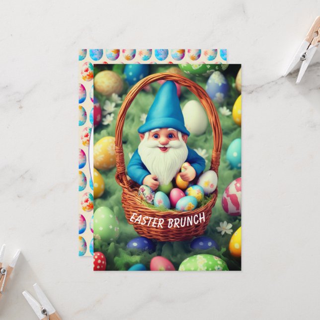 Invitation Panier de Pâques d'oeufs de Gnome Charmant Brunche (Devant/Arrière en situation)