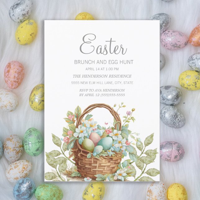 Invitation Panier de Pâques Élégant Brunch Chasse aux œufs  (Easter basket and eggs Easter greeting card)