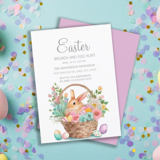 Invitation Panier de Pâques élégant Lapin Petit déjeuner Chas (Easter bunny in basket Easter greeting card.)