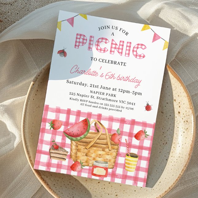 Invitation Panier de pique-nique rose En vichy panier pique-n (Girls Pink Gingham Picnic Birthday Invitation, Summer Outdoor Birthday Party Invite, Picnic Basket )
