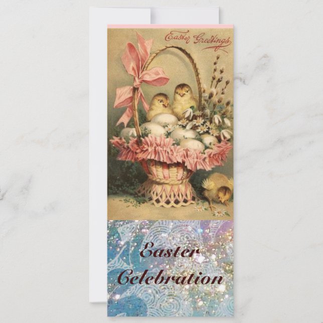 INVITATION PANIER ÉLÉGANT, POULET, FLEURS ET OEUFS DE PÂQUES (Devant)