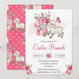 Invitation Panier floral rose et agneau mignon Brunch de Pâqu