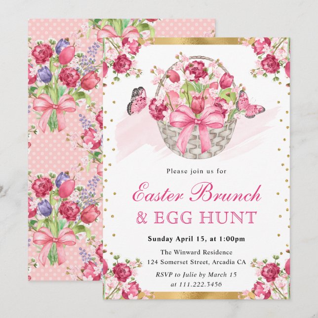 Invitation Panier floral rose et papillons Brunch de Pâques (Devant / Derrière)