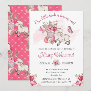 Invitation Panier Floral Rose Printanier & Agneau Mignon 1er 