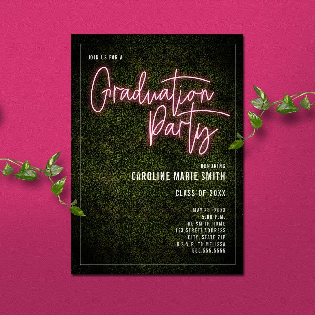 Invitation Panneau Boxwood Pink Neon Party Graduation (Créateur téléchargé)