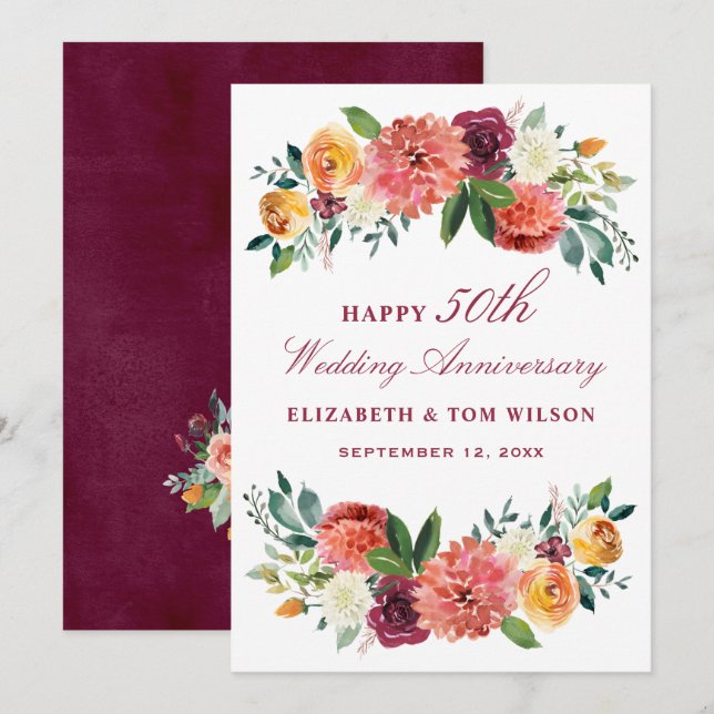 Invitation Panneau d'anniversaire de mariage 50 ans Autumn Fl (Devant / Derrière)