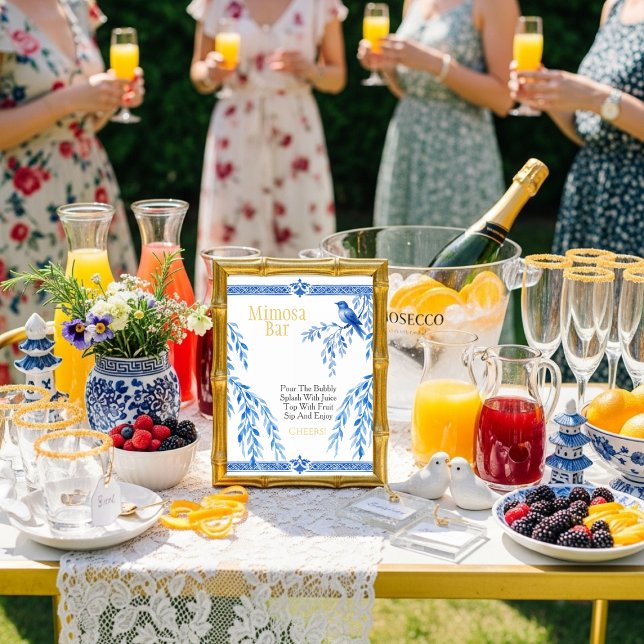 Invitation Panneau de bar Mimosa élégant oiseau bleu (Blue bird elegant Mimosa Bar Sign)