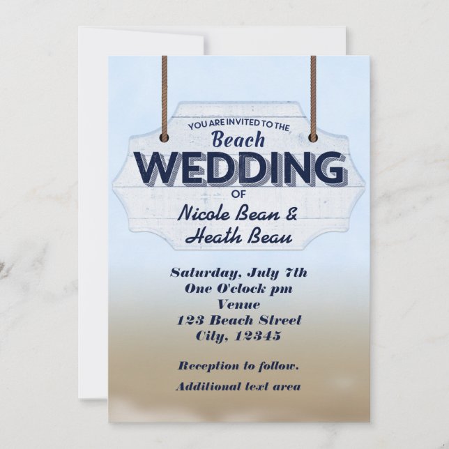 Invitation Panneau de bois blanc pour mariage sur la plage In (Devant)