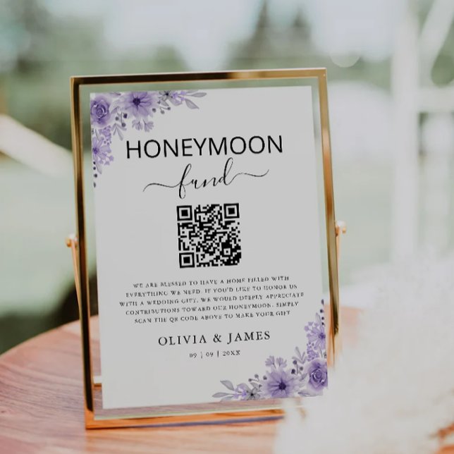 Invitation Panneau de code QR du Fonds pour lune de miel viol (Purple Honeymoon Fund QR Code Sign, Wedding Invitation)