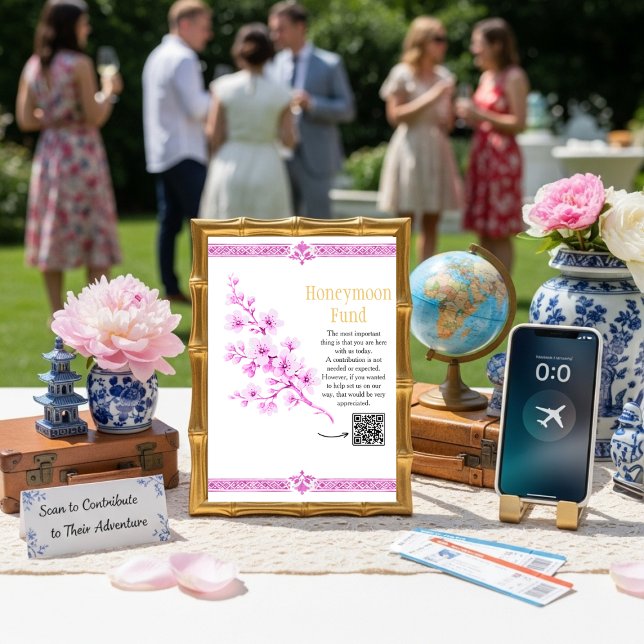 Invitation Panneau de code QR pour la caisse de voyage de noc (Pink floral Elegant Honeymoon Fund QR code sign)