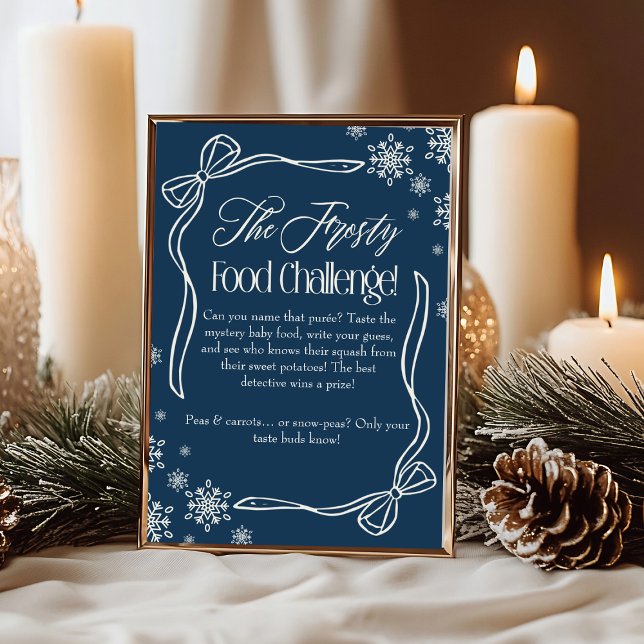 Invitation Panneau de jeu de défi de nourriture pour bébé Fro (Frosty Bow Blue Baby Food Challenge Game Sign)