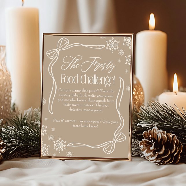 Invitation Panneau de jeu de défi de nourriture pour bébé Tau (Frosty Bow Taupe Baby Food Challenge Game Sign)