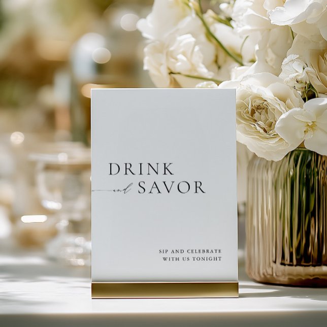 Invitation Panneau de la barre de Mariage moderne White Drink (Modern White Drink & Savor Wedding Bar Sign)
