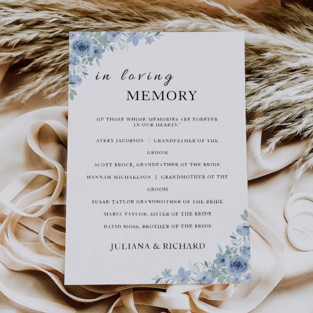 Invitation Panneau de mariage bleu en souvenir, (Blue Wedding In Loving Memory Sign, Invitation)