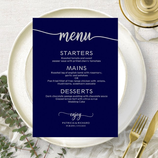 Invitation Panneau de menu de mariage calligraphié bleu marin (Créateur téléchargé)