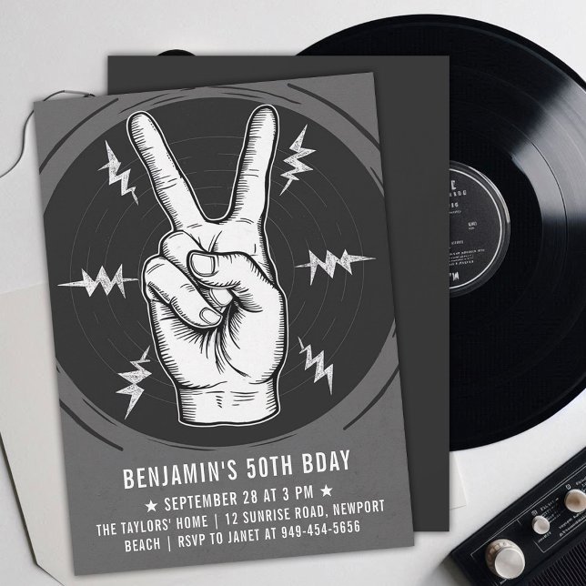 Invitation Panneau de Paix Rock Party BW Adult Moderne Amusem (music musician rock adult birthday party invitation men modern black white peace sign drawing)