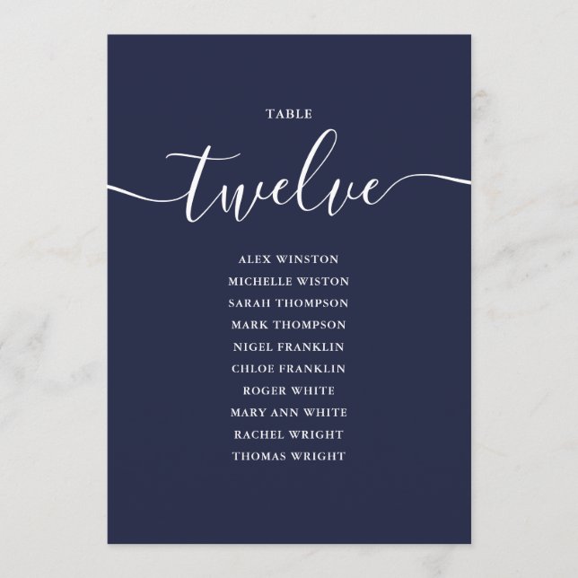 Invitation Panneau de table numéro 12 en écriture bleue marin (Devant)