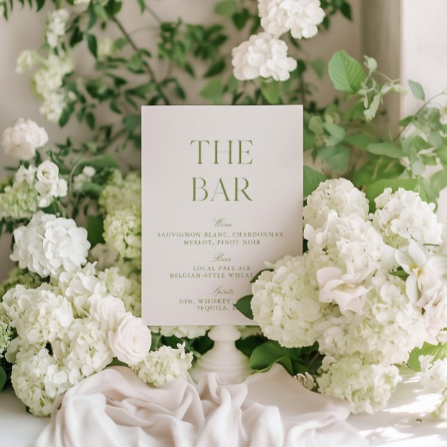 Invitation Panneau élégant Sage Green & Beige Mariage Bar (Elegant Sage Green & Beige Wedding Bar Sign)