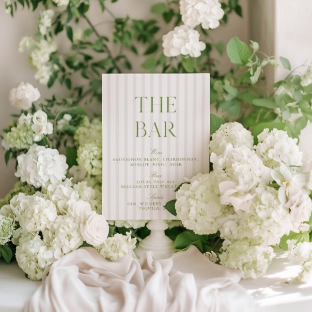 Invitation Panneau élégant Sage Green & Beige Mariage Bar (Elegant Sage Green & Blue Striped Wedding Bar)