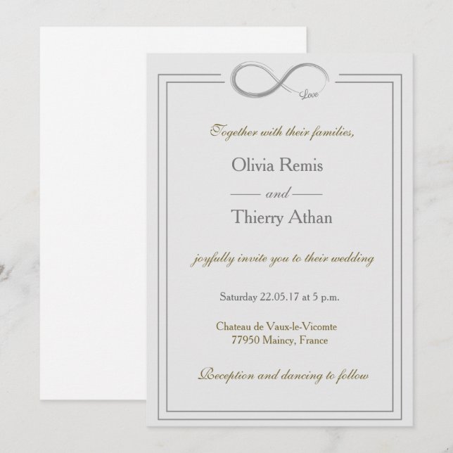 Invitation Panneau Infinity Mariage blanc gris or unique (Devant / Derrière)