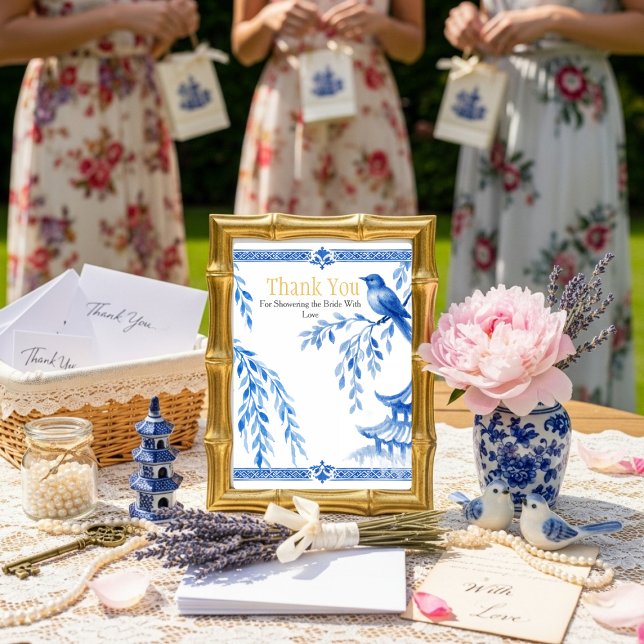 Invitation Panneau "Merci" Chinoiserie Bleue (Blue Chinoiserie "Thank You" Sign Invitation)