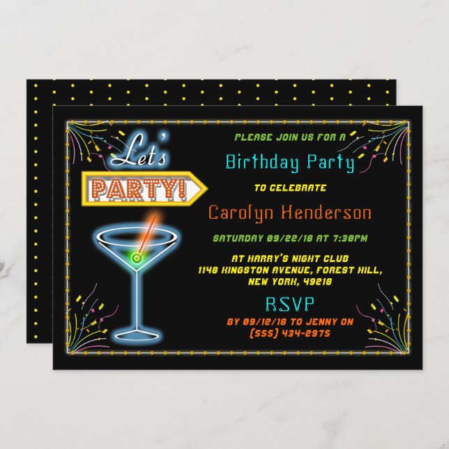Invitation Panneau Neon "Faisons la fête" Coctail Anniversair (Devant / Derrière)