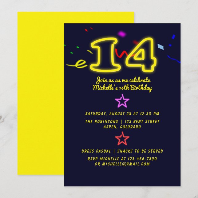 Invitation Panneau Neon Quatorzième Anniversaire Fête Invitat (Devant / Derrière)