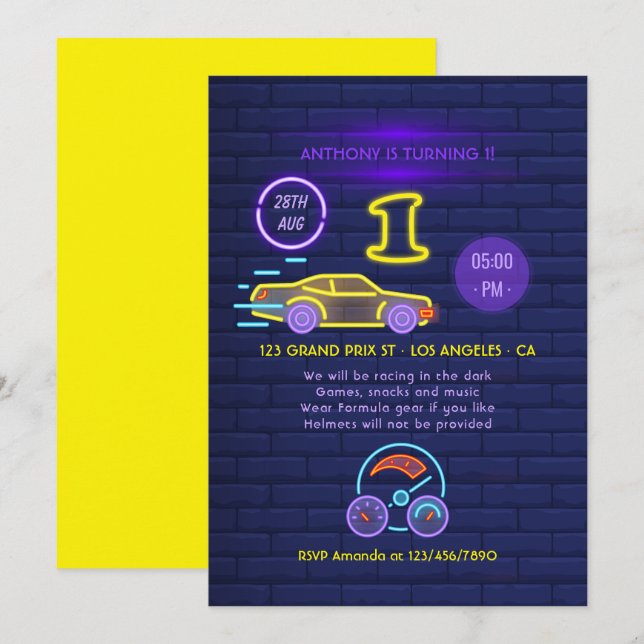 Invitation Panneau Neon Racing Voiture thème Garçon 1er Anniv (Devant / Derrière)